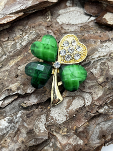 Lucky 4-leaf clover / shamrock crystal brooch / pin badge / lapel badge